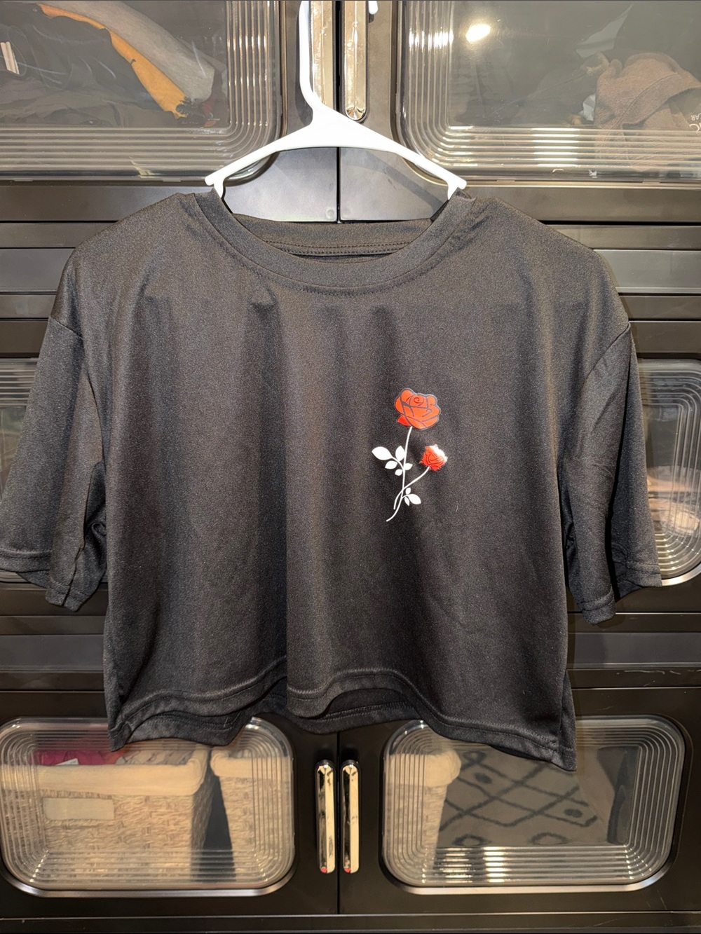 Women's Black Cropped Tee with Red Rose Embroidery